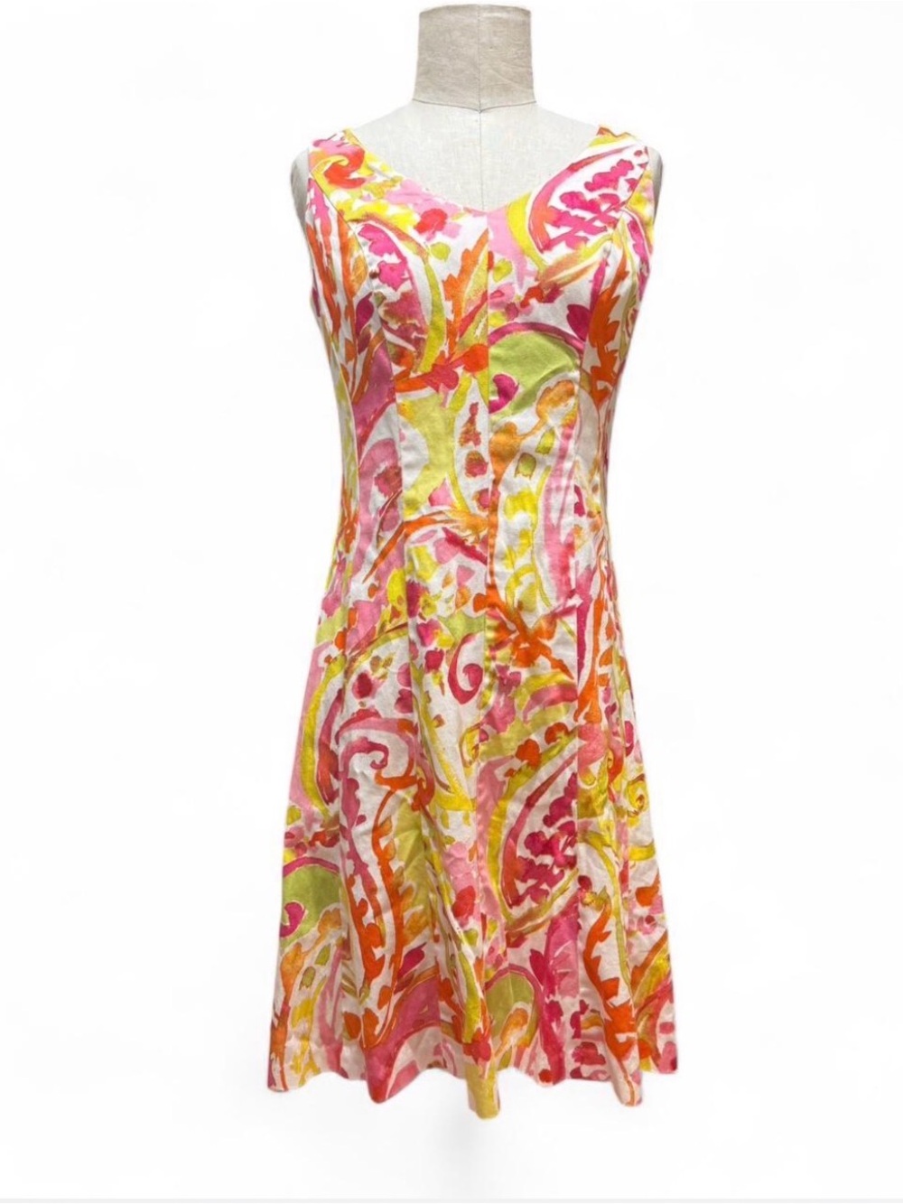 Bright abstract floral cotton a line Chaps dress v neck summer sundress happy